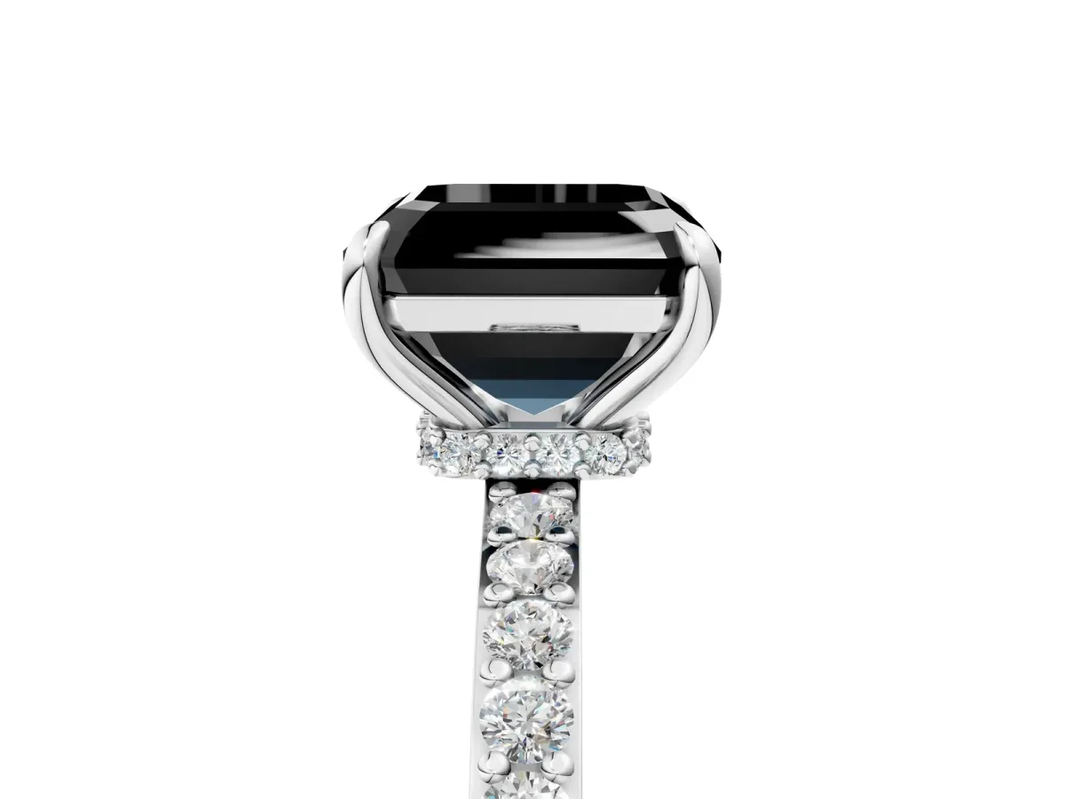 Fancy Black Asscher Cut Diamond Solitaire Engagement Ring with Pavé Band and Four-Prong Setting Silver
