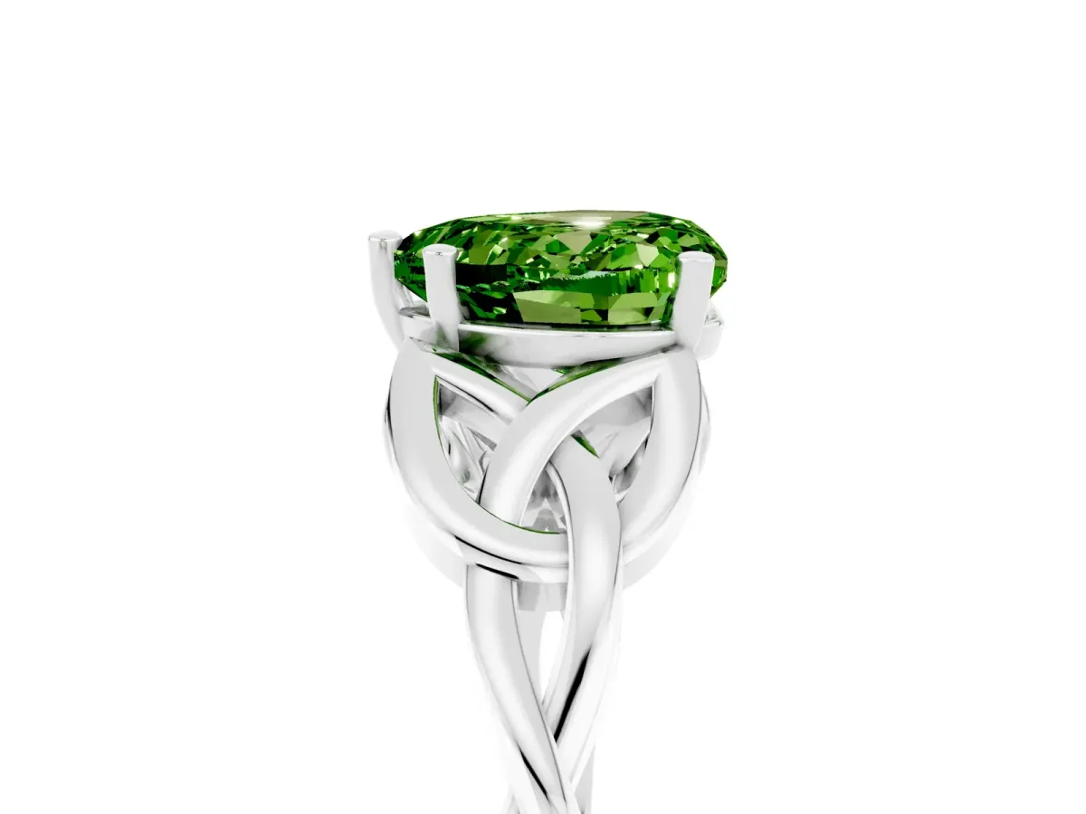Heart Cut Peridot Solitaire Engagement Ring with Celtic Knot Band and Four-Prong Setting Silver