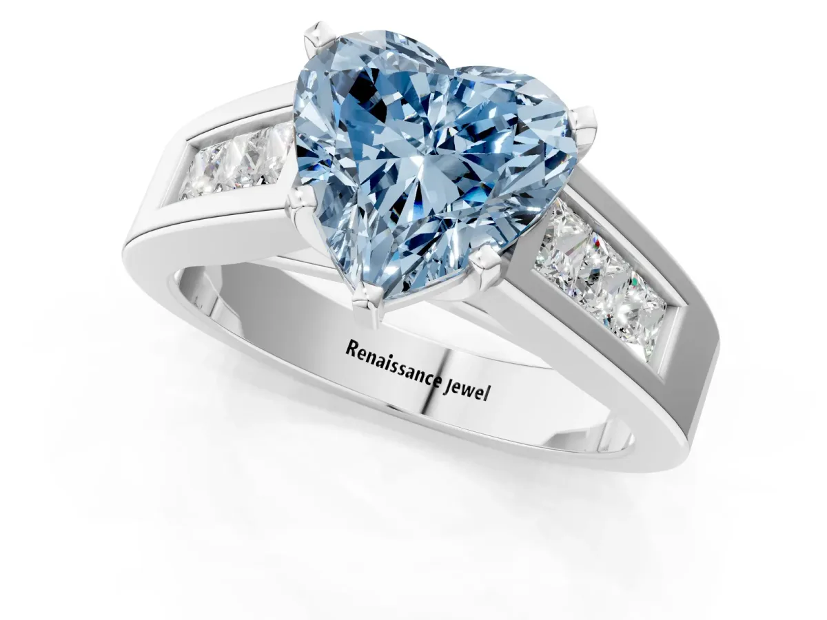 Fancy Blue Heart Cut Cut Channel Set Solitaire Ring with Four-Prong Setting White gold