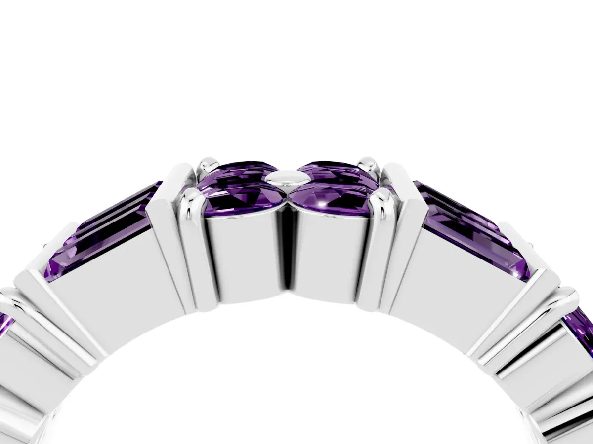 Channel Set Round and Baguette Amethyst Anniversary Band with Prong Setting Silver