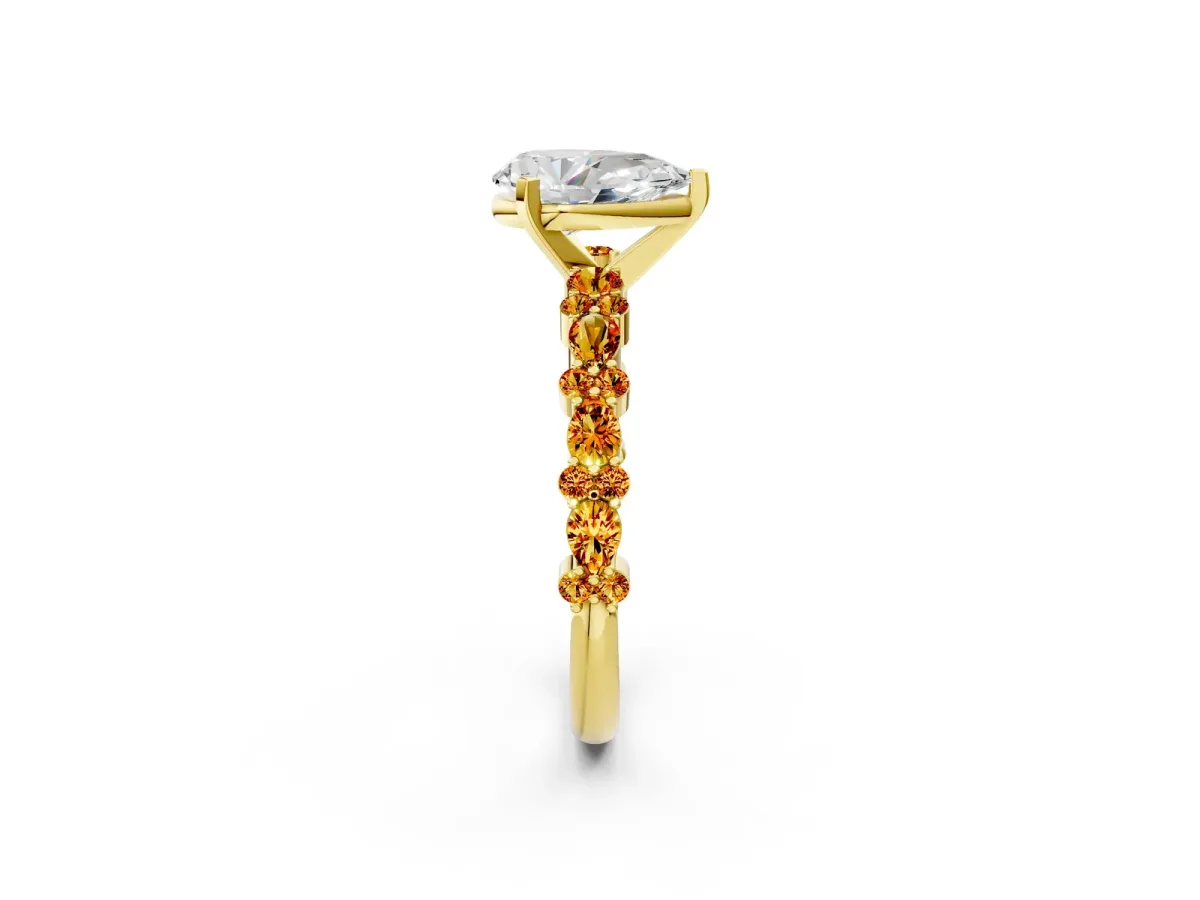 Pear Cut Diamond Side Stone Solitaire Ring with Round Citrine and Four-Prong Setting Yellow gold