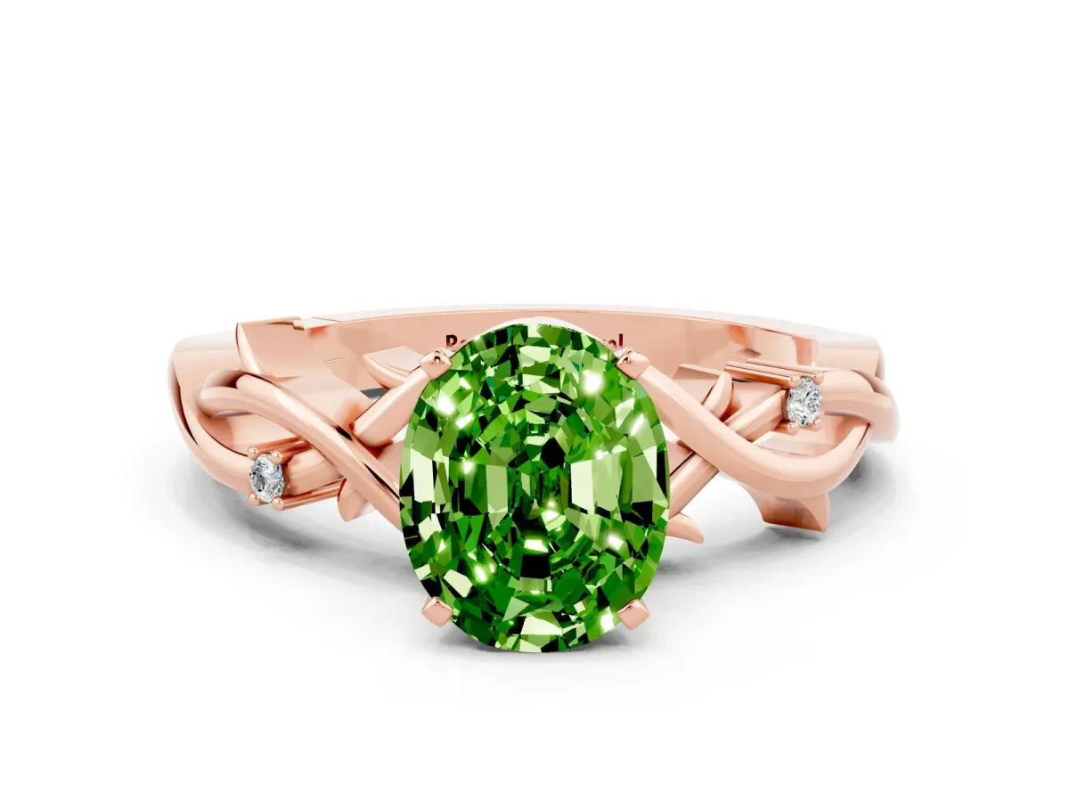 Oval Cut Peridot Solitaire Ring with Twisted Band and Prong Setting Rose gold