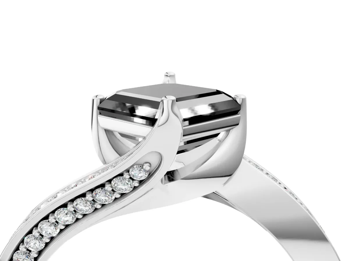 Fancy Black Asscher Cut Solitaire Diamond Twist Band with Pavé Setting and Four-Prong Setting Platinum