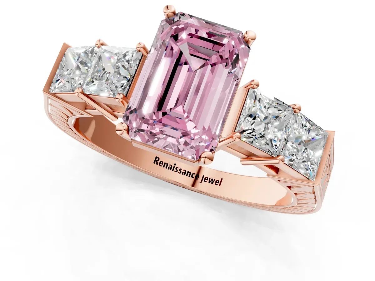 Fancy Pink Emerald Cut Solitaire Princess Side Stone Engraved Band Prong Setting Ring Rose gold