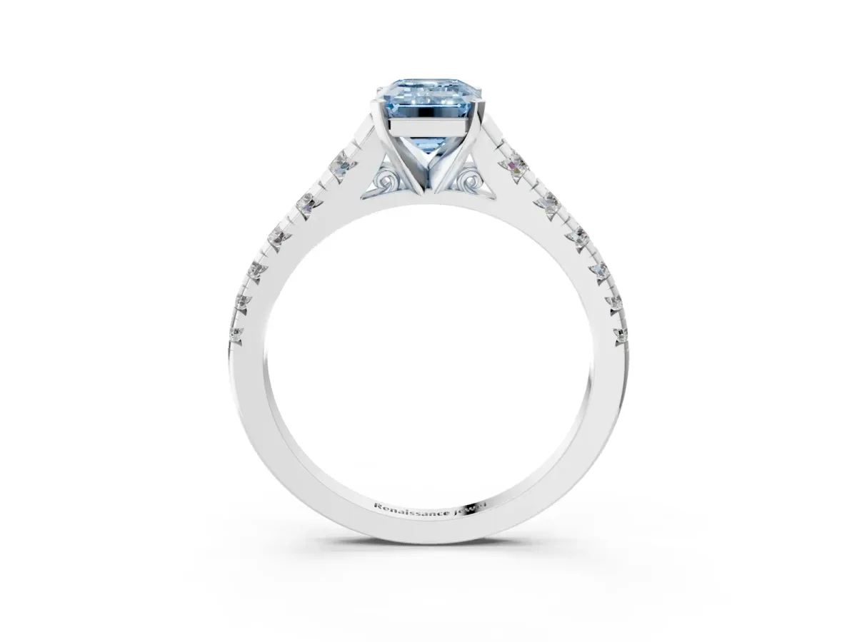 Fancy Blue Emerald Cut Diamond Cathedral Solitaire Ring with Round Pavé Band Silver