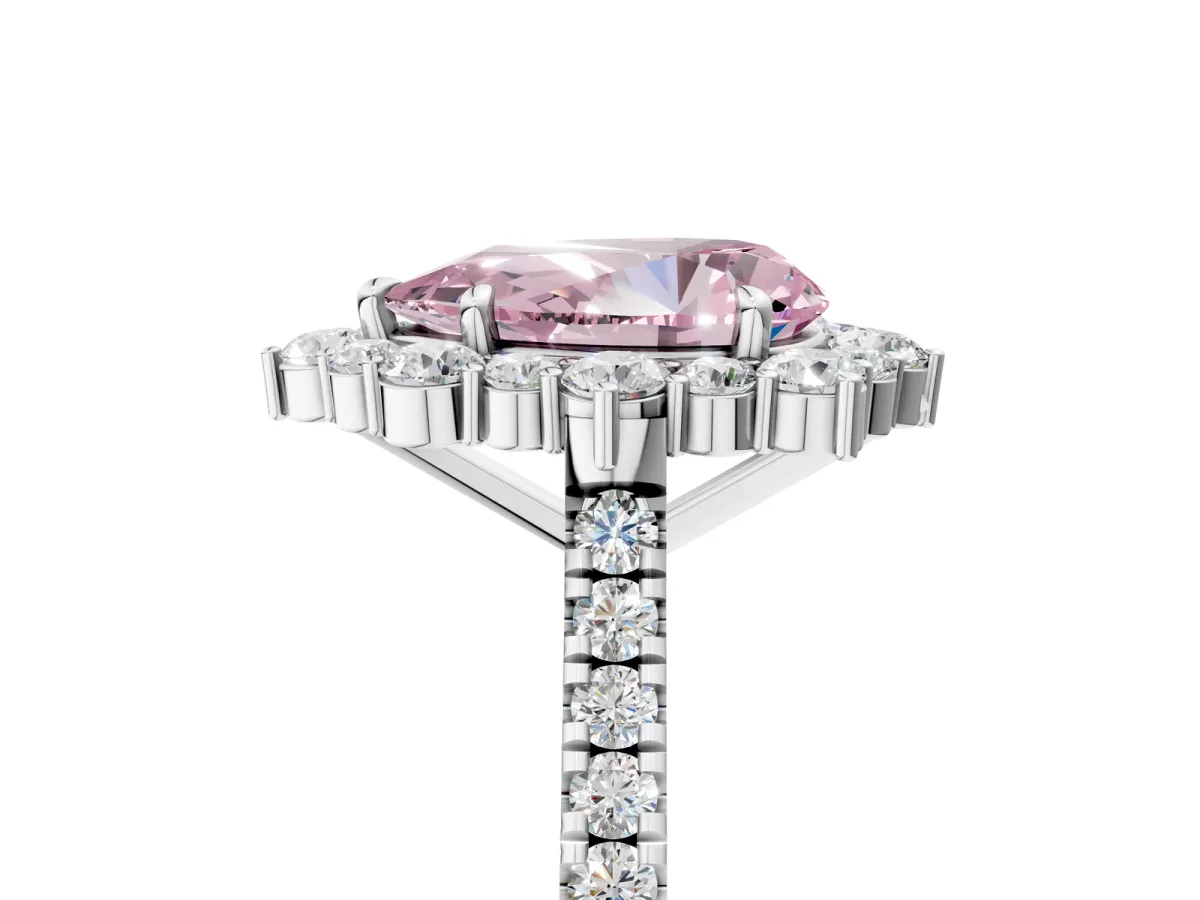Fancy Pink Pear Cut Halo Diamond Ring with Pavé Band and Prong Setting Silver