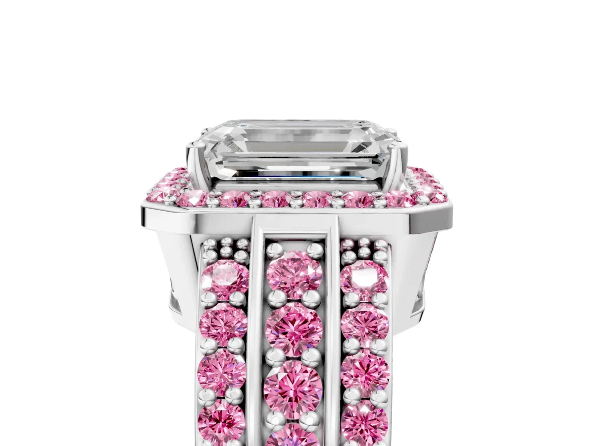 Emerald Cut Halo Diamond Ring with Round Pink Sapphire Split Shank and Prong Setting Platinum