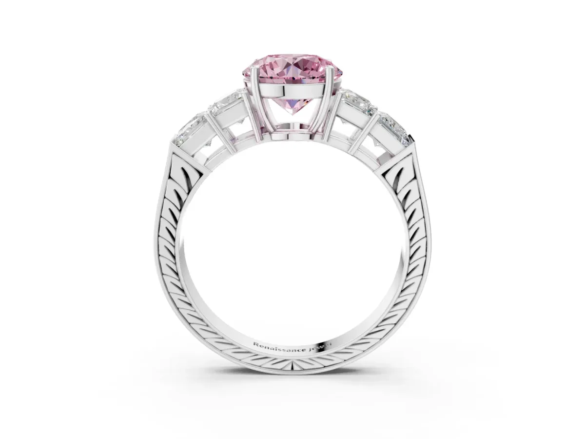 Fancy Pink Round Cut Solitaire Princess Side Stone Engraved Band Prong Setting Ring White gold