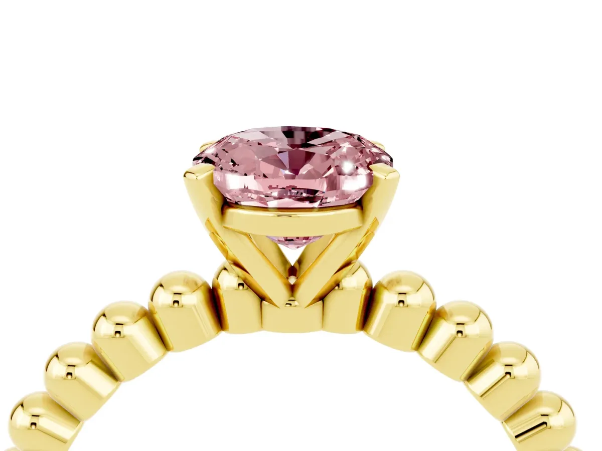Oval Cut Morganite Solitaire Ring with Beaded Band and Prong Setting Yellow gold
