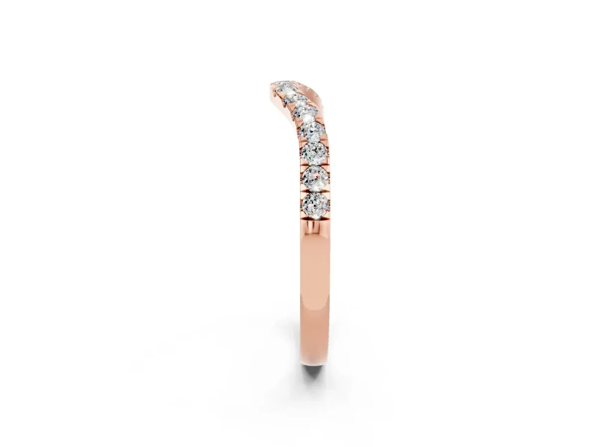 Curved Pavé Round Moissanite Wedding Band with Shared Prong Setting Rose gold