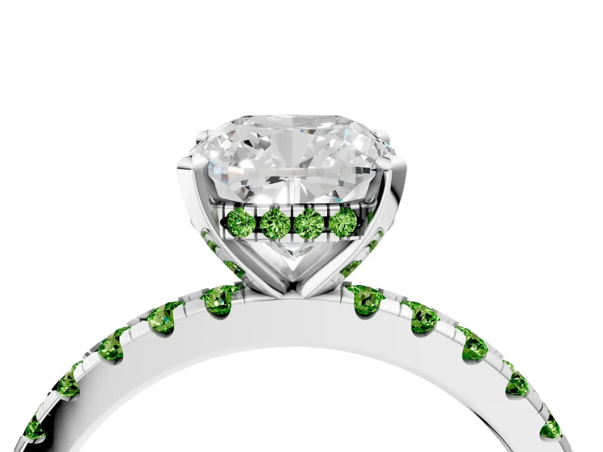 Cushion Cut Diamond Solitaire Ring with Round Peridot Pavé Band and Four-Prong Setting Silver