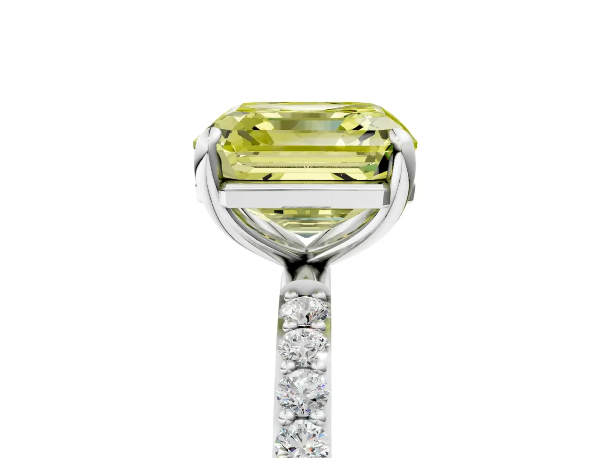 Fancy Yellow Asscher Cut Diamond Solitaire Ring with Round Pavé Band and Prong Setting Silver