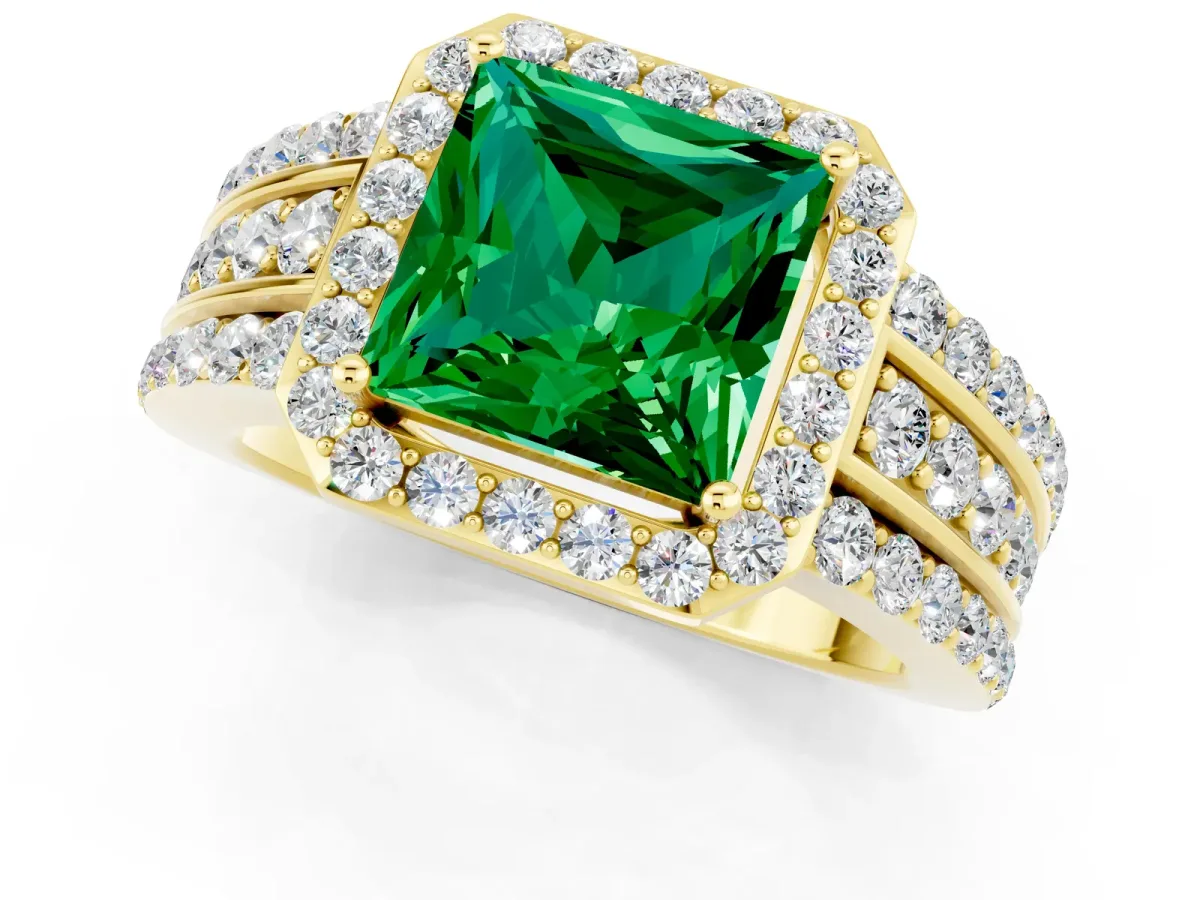 Princess Cut Halo Emerald Ring with Round Split Shank and Prong Setting Yellow gold