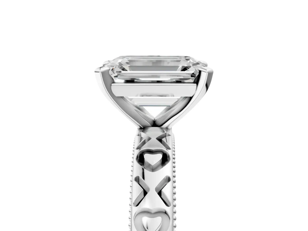 Emerald Cut Solitaire Diamond Engagement Ring with XO Engraved Band and Four-Prong Setting Platinum