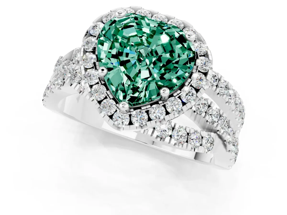 Heart Cut Green Sapphire Halo Ring with Round Split Shank and Prong Setting Platinum