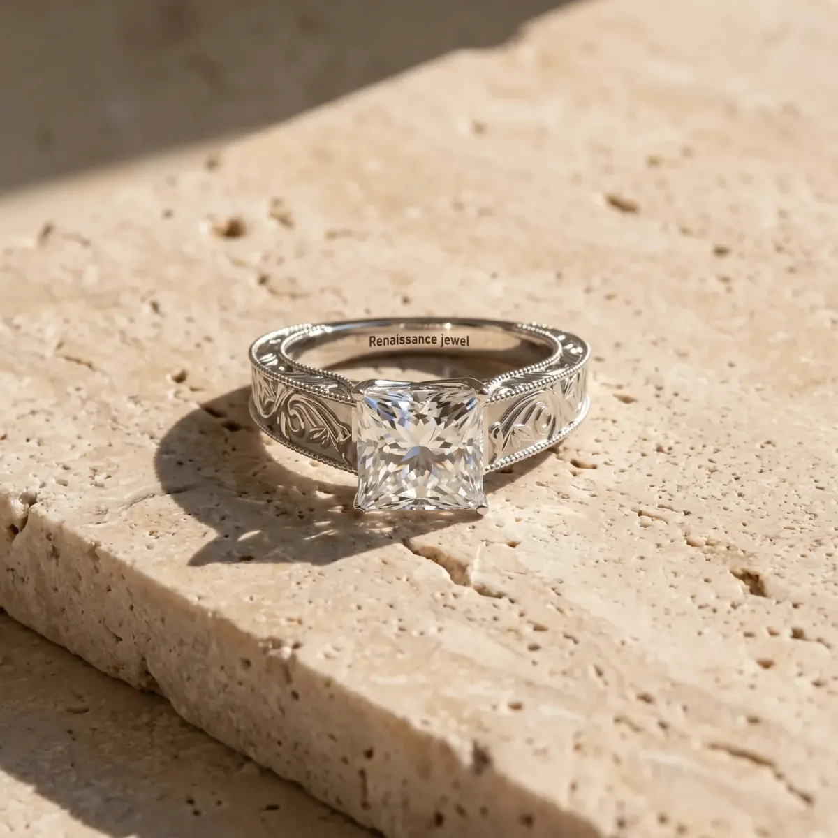 Princess Cut Diamond Solitaire Ring with Engraved Band and Four-Prong Setting White gold
