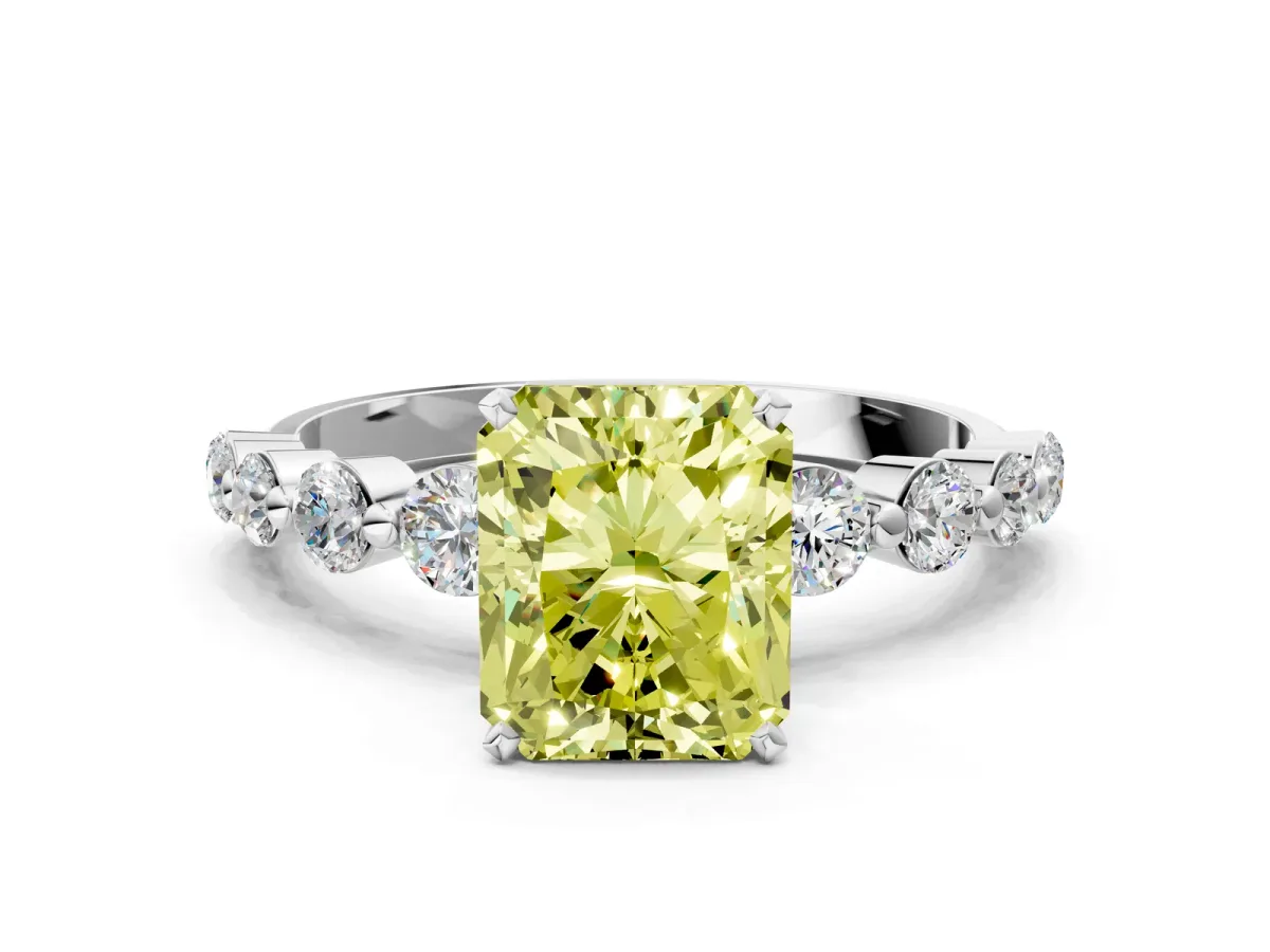 Fancy Yellow Radiant Cut Solitaire Diamond Ring with Pave Band and Four-Prong Setting Silver