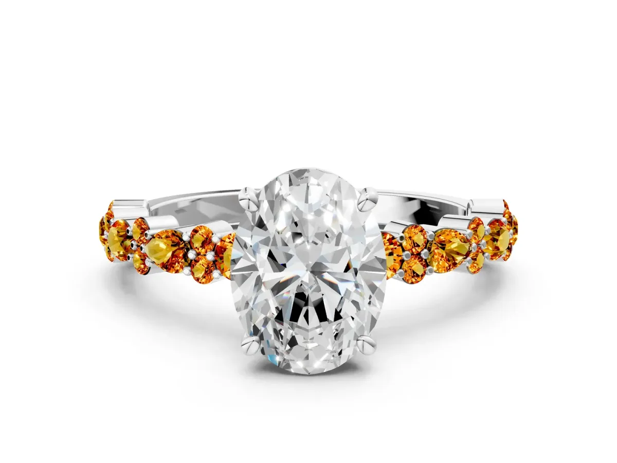 Oval Cut Diamond Side Stone Solitaire Ring with Round Citrine and Four-Prong Setting White gold