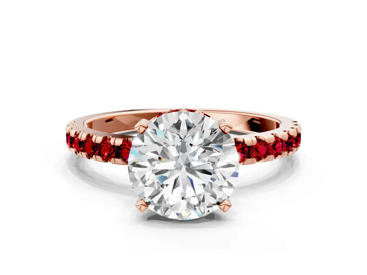 Round Cut Diamond Solitaire Ring with Round Ruby Pavé Band and Four-Prong Setting Rose gold