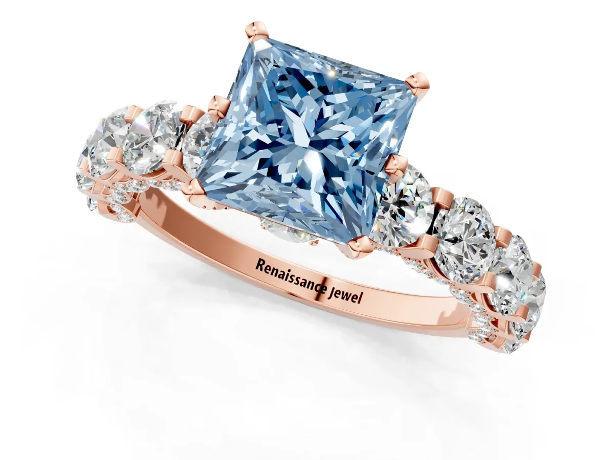 Fancy Blue Princess Cut Diamond Side Stone Engagement Ring with Four-Prong Setting Rose gold