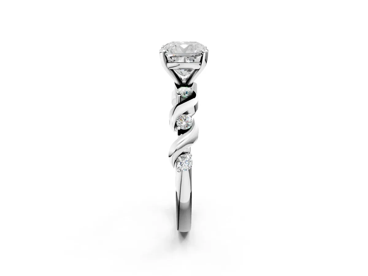 Cushion Cut Diamond Solitaire Twisted Band with Round Accents and Prong Setting Silver