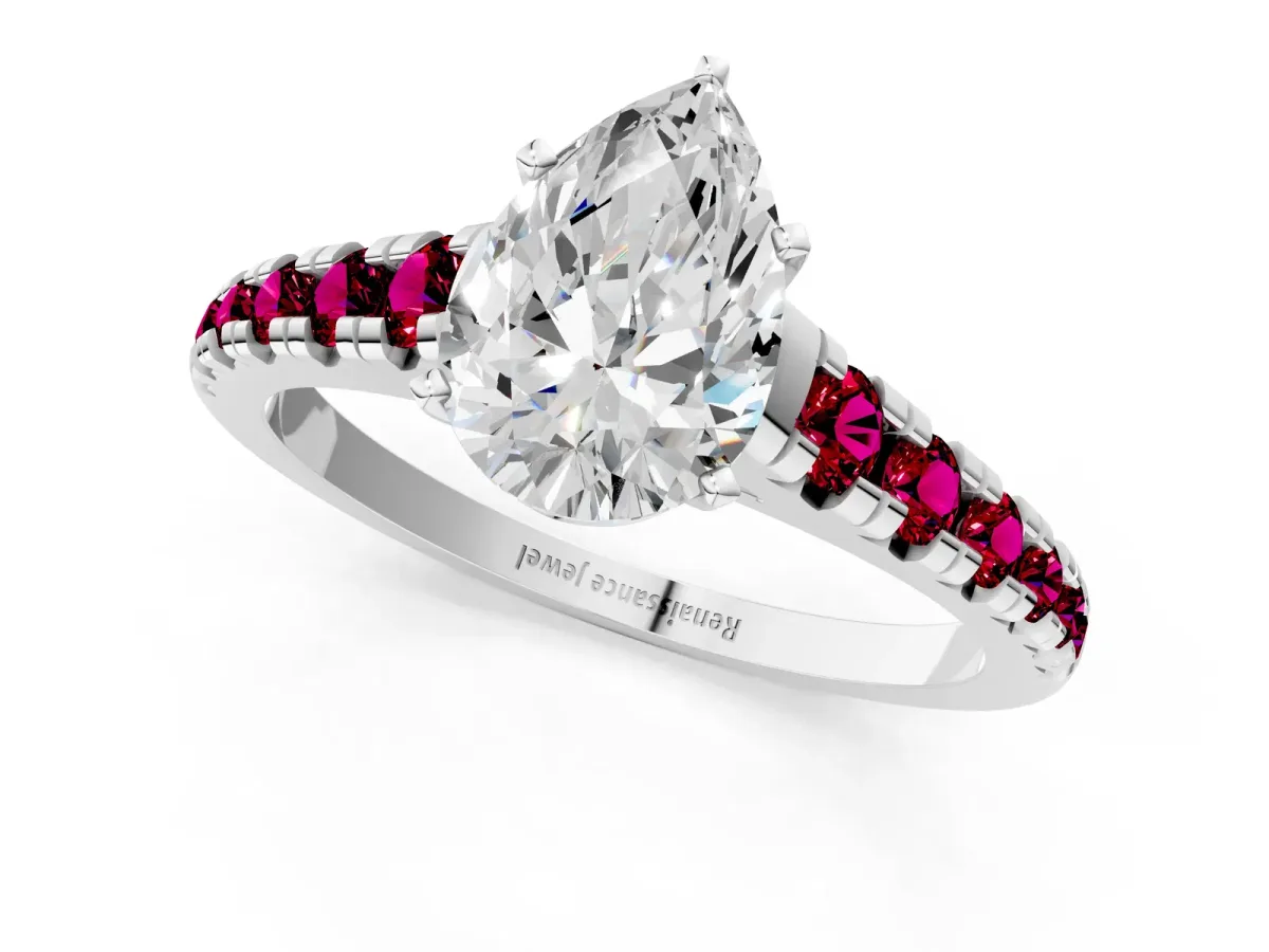 Pear Cut Diamond Cathedral Solitaire Ring with Round Garnet Pavé Band Silver