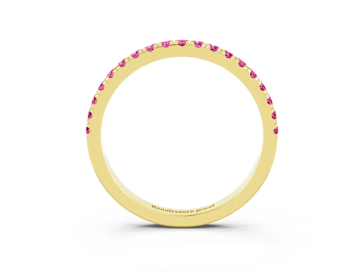 Pavé Round Pink Sapphire Half Eternity Band with Shared Prong Setting Yellow gold