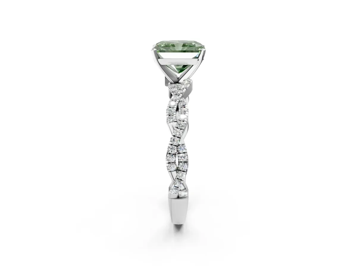 Fancy Green Radiant Cut Solitaire Twisted Pave Band with Four-Prong Setting Platinum