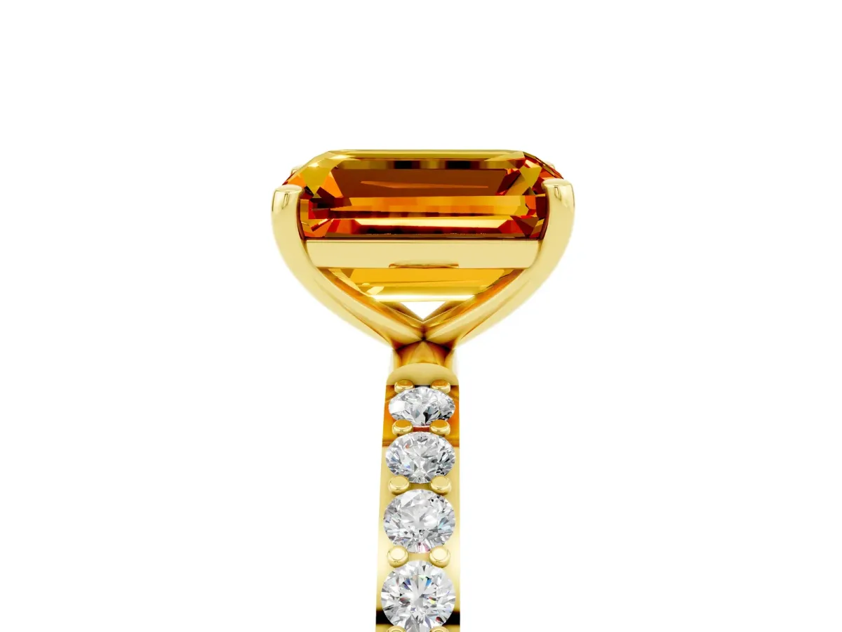 Emerald Cut Citrine Solitaire Ring with Round Pavé Band and Prong Setting Yellow gold