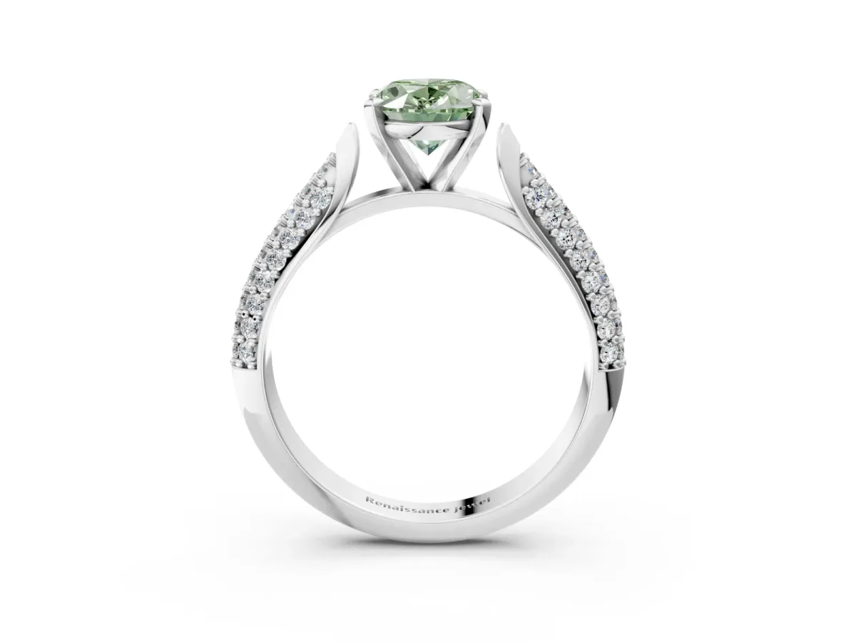 Fancy Green Oval Cut Diamond Solitaire Engagement Ring with Multi-Row Round Pavé Band and Prong Setting Silver