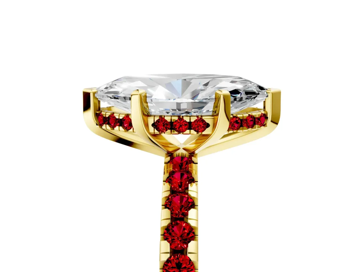 Marquise Cut Diamond Solitaire Ring with Round Ruby Pavé Band and Four-Prong Setting Yellow gold