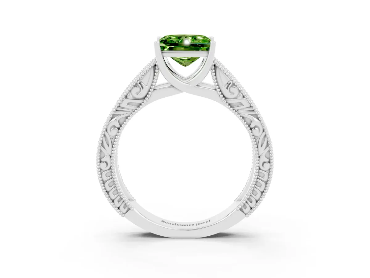 Princess Cut Peridot Solitaire Ring with Engraved Band and Four-Prong Setting White gold