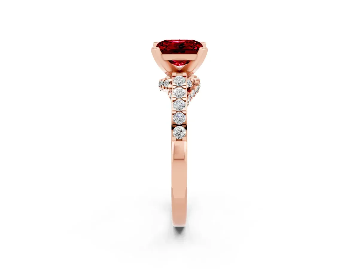 Princess Cut Ruby Solitaire Ring with Crossover Gallery and Round Pavé Band Rose gold