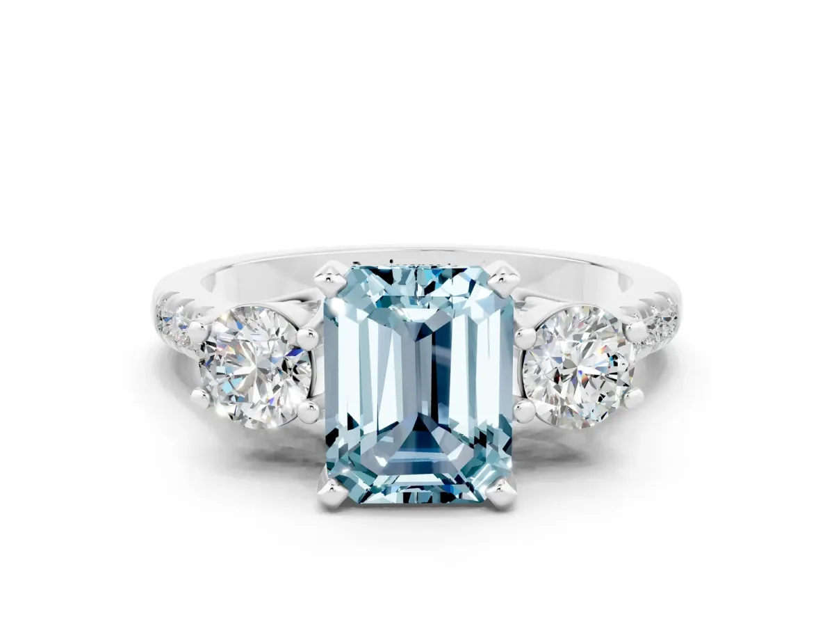 Three-Stone Emerald Cut Aquamarine Pavé Band with Four-Prong Setting Silver