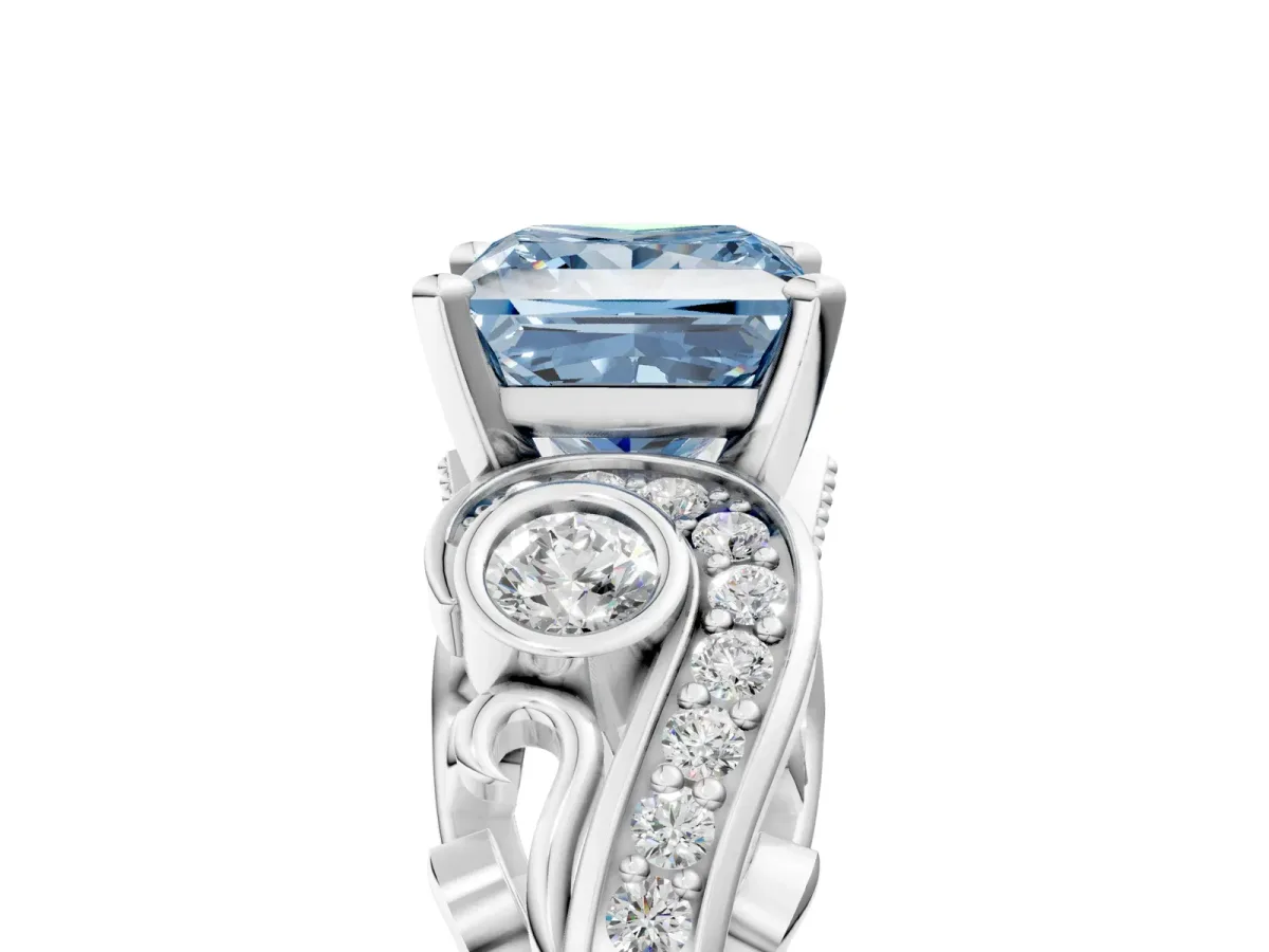 Fancy Blue Princess Cut Diamond Solitaire Ring with Milgrain Pavé Band and Four-Prong Setting Silver