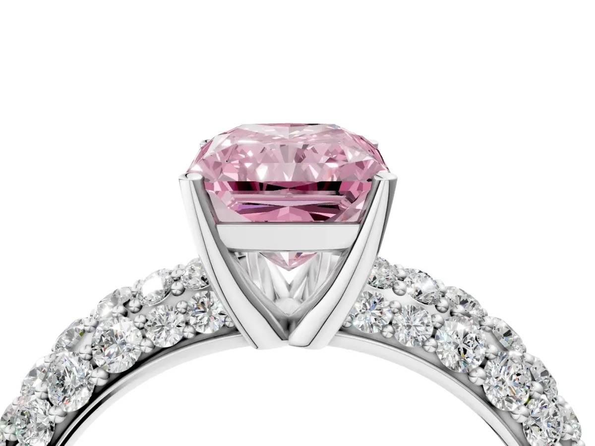Fancy Pink Radiant Cut Diamond Pavé Band Solitaire Ring with Four-Prong Setting Platinum