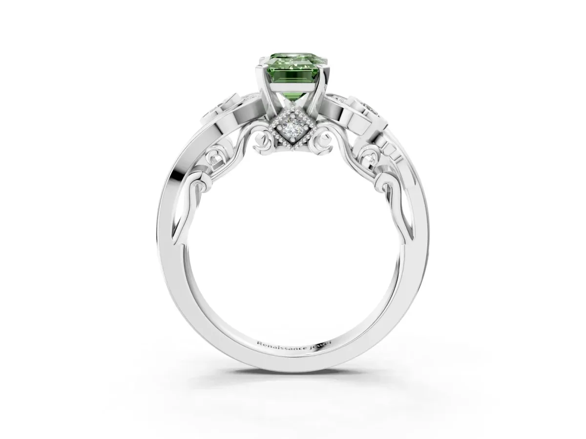 Fancy Green Emerald Cut Diamond Solitaire Ring with Milgrain Pavé Band and Four-Prong Setting Silver