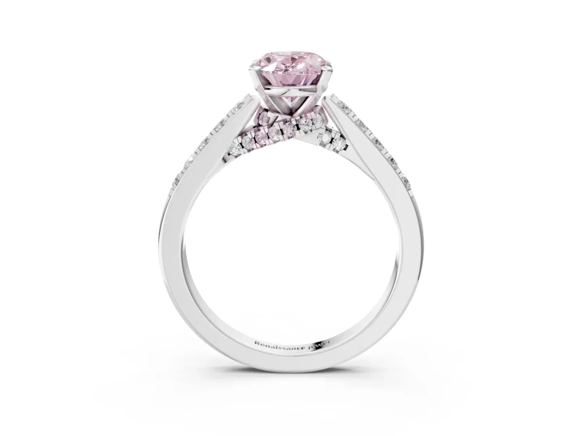 Fancy Pink Oval Cut Diamond Solitaire Ring with Crossover Gallery and Round Pavé Band Silver