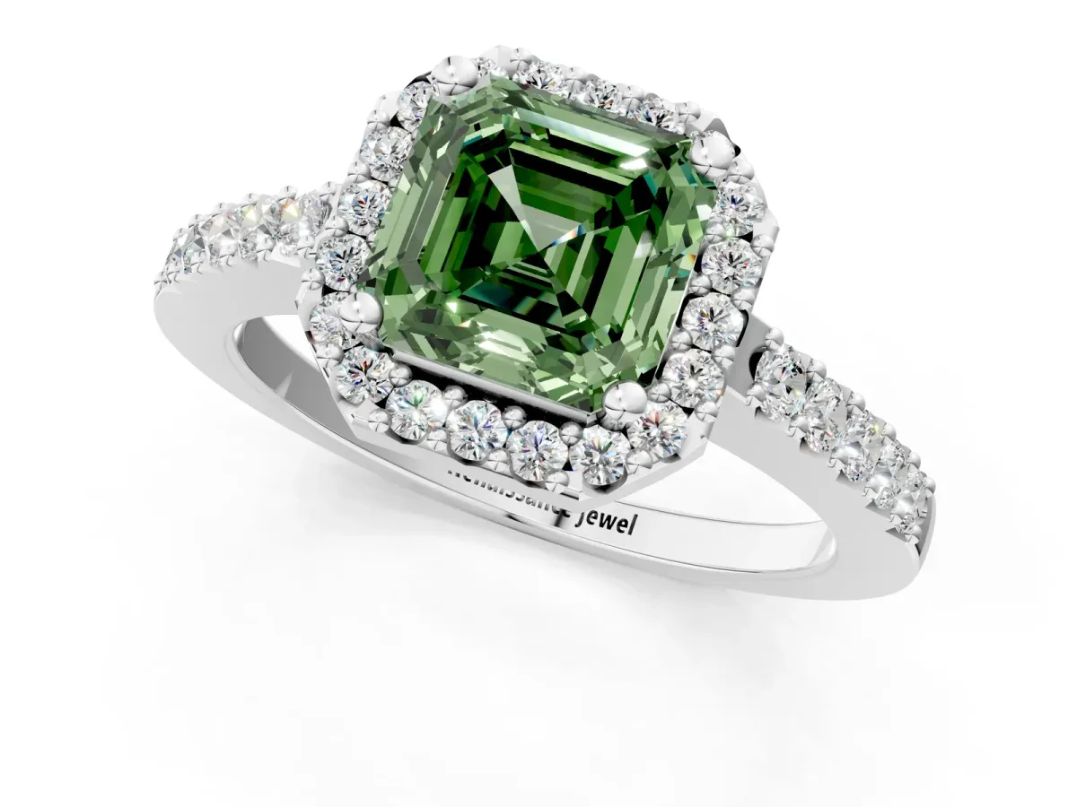 Fancy Green Asscher Cut Halo Diamond Pavé Solitaire Ring Platinum