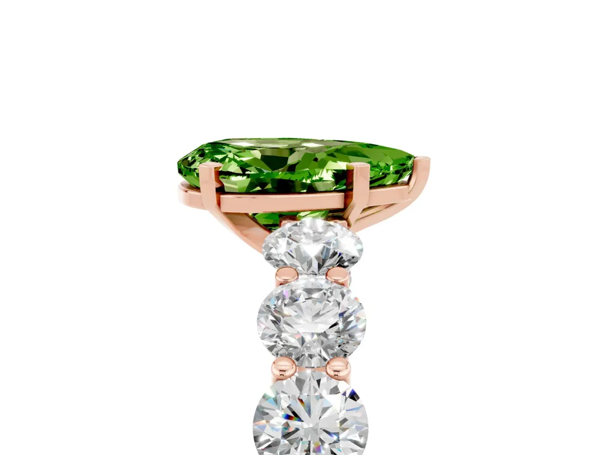 Pear Cut Peridot Prong Setting with Side Stones on a Pave Band Rose gold
