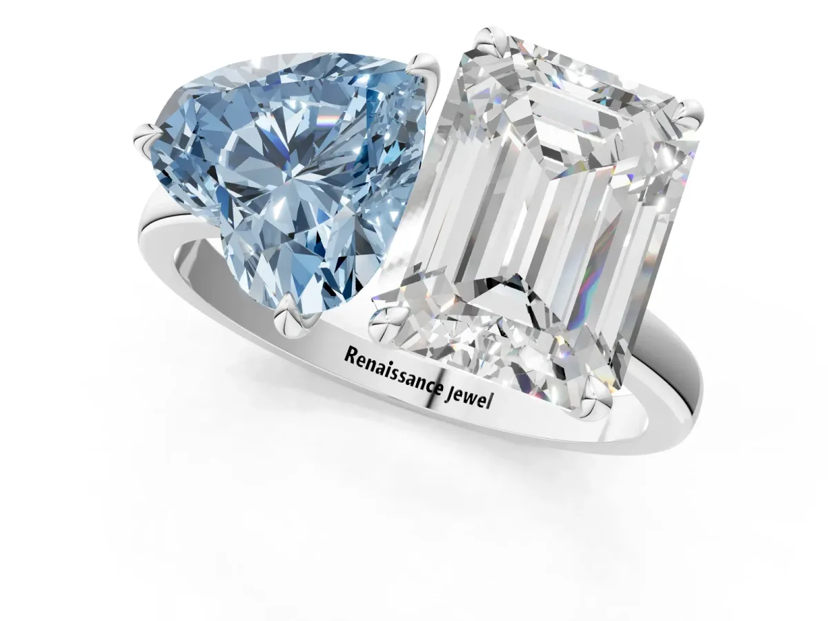 Fancy Blue Heart Cut and Emerald Cut Toi Moi Ring with Prong Setting White gold