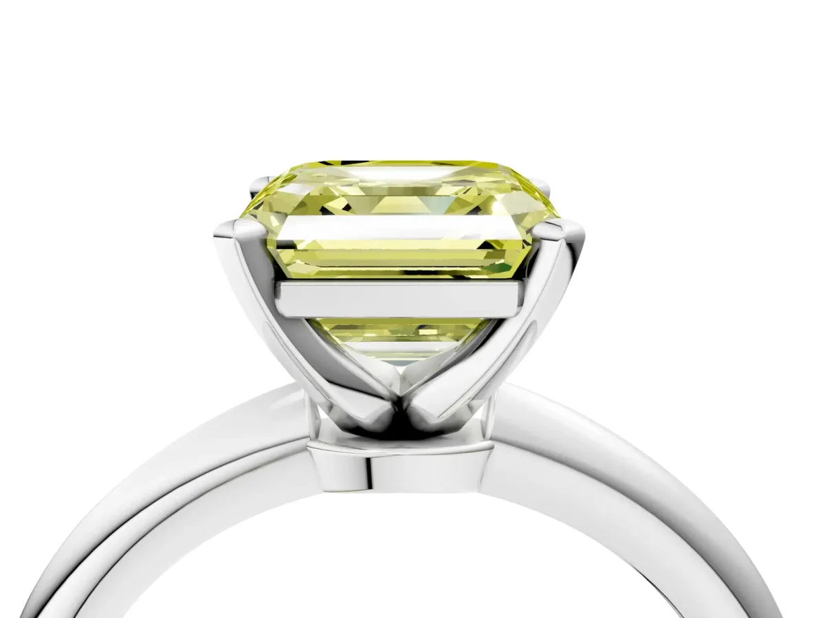 Fancy Yellow Asscher Cut Diamond Solitaire Ring with Six-Prong Setting and Classic Band Platinum