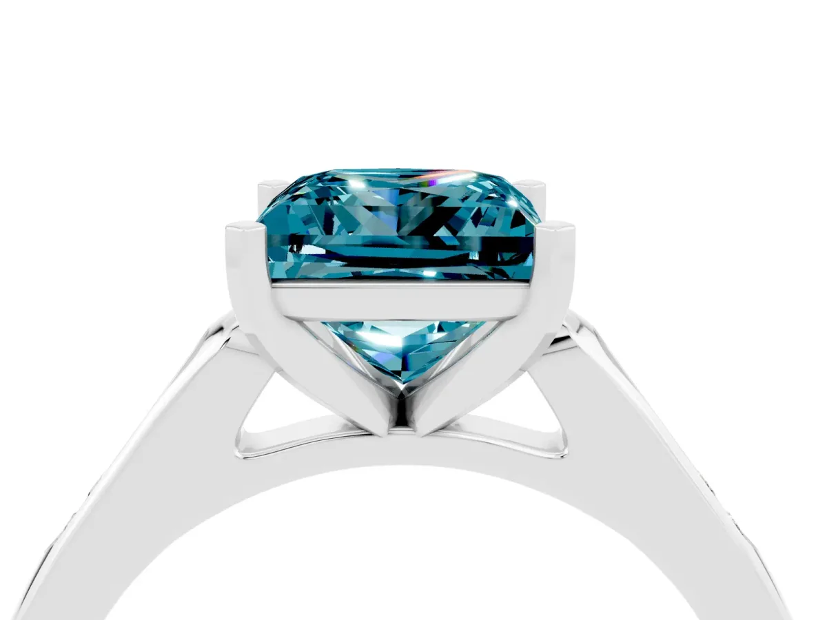 Princess Cut Blue Topaz Solitaire Ring with Channel Set Round Band and Prong Setting Silver