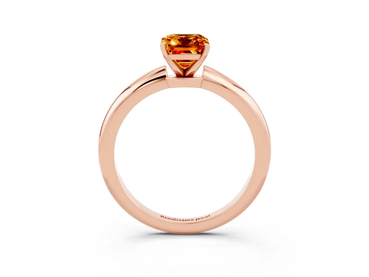 Emerald Cut Citrine Solitaire Ring with Six-Prong Setting and Classic Band Rose gold