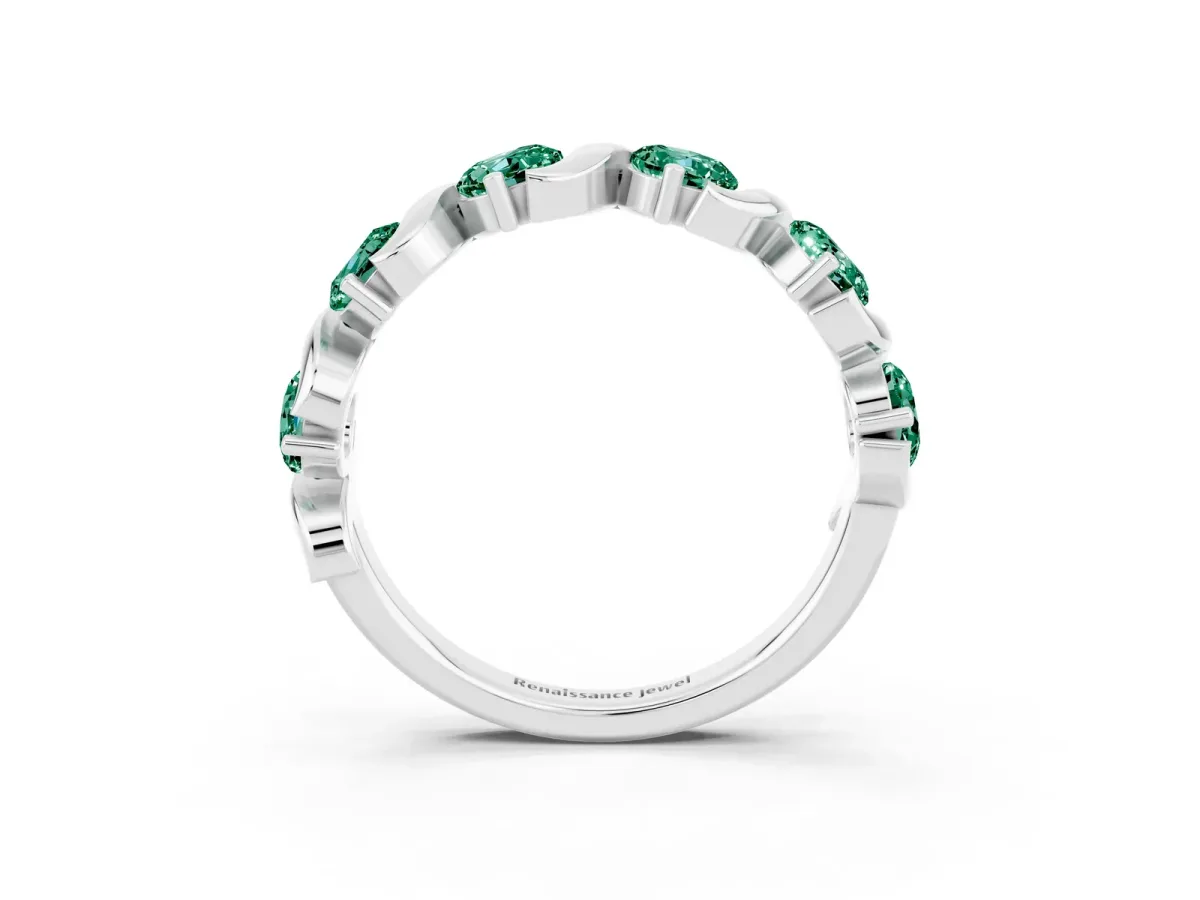 Six-Stone Round Green Sapphire Wave Band with Shared Prong Setting Platinum