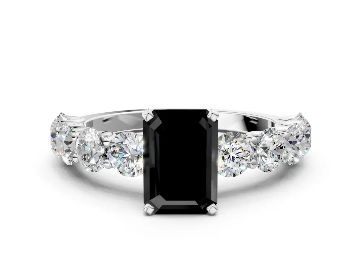 Fancy Black Emerald Cut Diamond Prong Setting with Side Stones on a Pave Band Platinum