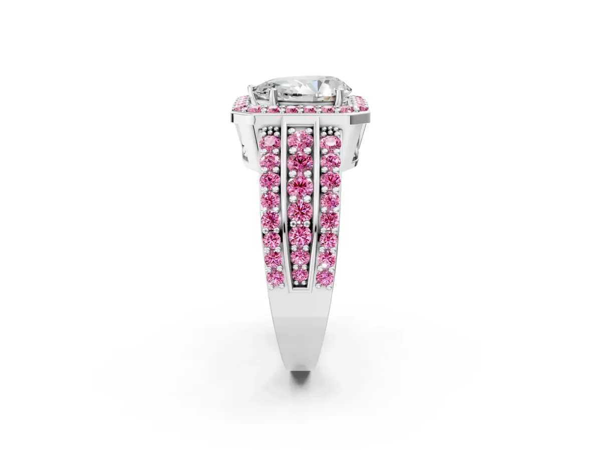Pear Cut Halo Diamond Ring with Round Pink Sapphire Split Shank and Prong Setting Silver