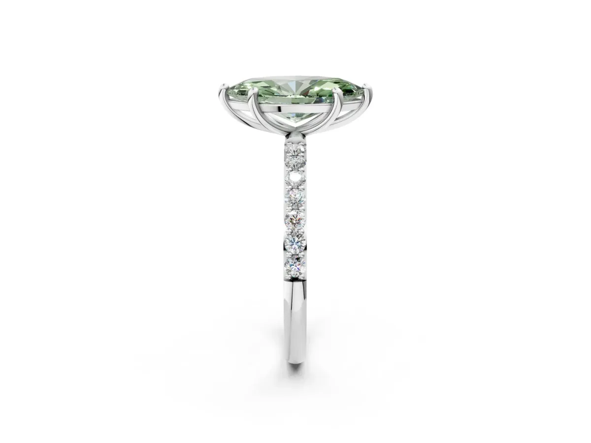 Fancy Green Marquise Cut Diamond Solitaire Ring with Round Pavé Band and Prong Setting Silver