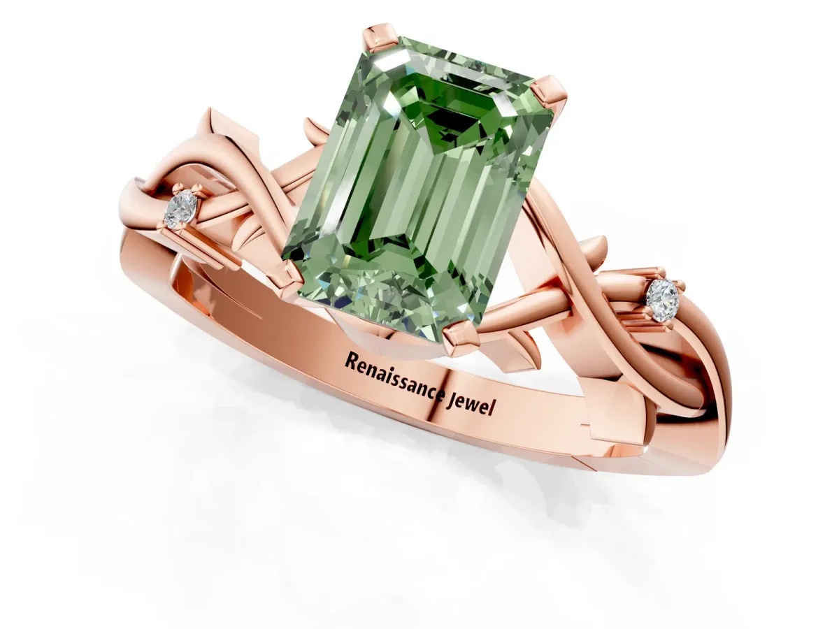 Fancy Green Emerald Cut Diamond Solitaire Ring with Twisted Band and Prong Setting Rose gold