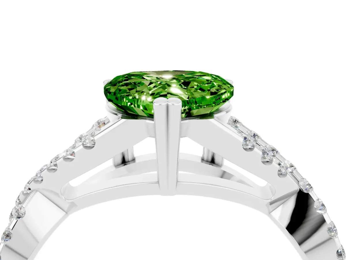 Heart Cut Peridot Solitaire Ring with Four-Prong Setting and Twisted Pavé Band Silver
